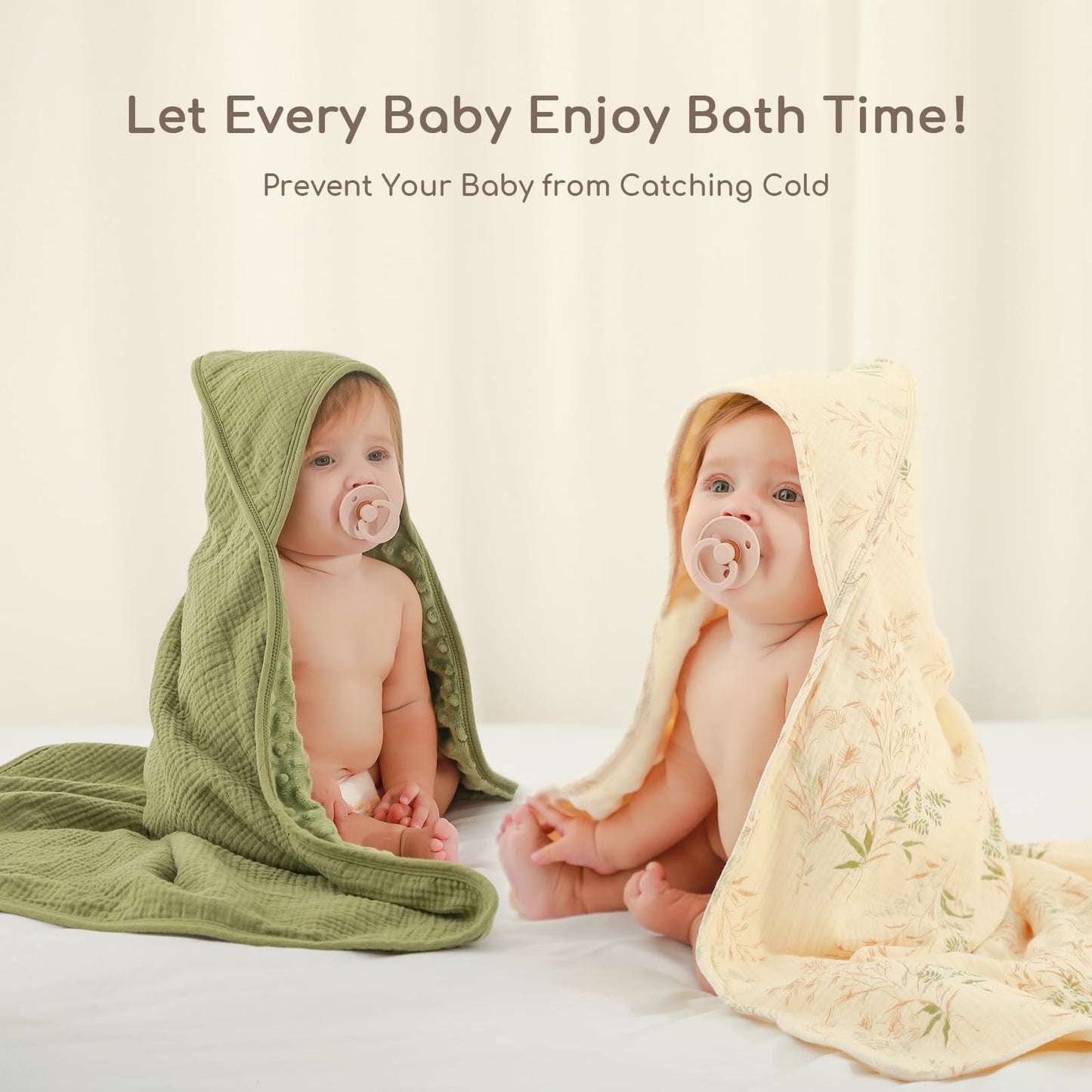 Baby Bath Towels for Newborn 100% Muslin Cotton and Minky Dot Fabric Neutral Hooded Baby Towels Set 2 Pack for Boys Girls Ultra Soft and Absorbent 30 x 30 Inch Green & Plant