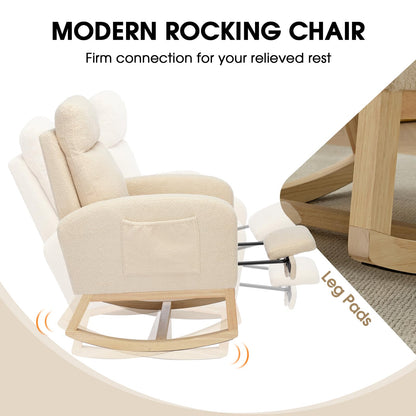 NIOIIKIT Modern Nursery Rocking Chair, Teddy Upholstered Rocking Chair with Footrest, Comfortable Glider Rocker with Side Pocket for Living Room, Bedroom, Nursing Room (Beige)