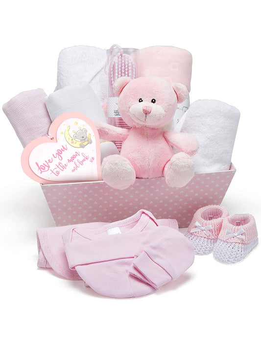 Baby Box Shop - Baby Shower Gifts for Girls - 14 Girl Newborn Essentials Girl Gifts, Includes Teddy Bear, Bodysuit, Bib, Mittens, Hat, Towel - Basket Gifts for Newborn Girl - Pink