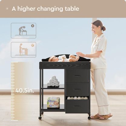 Changing Table Dresser, Baby Dresser with 3 Drawers and 2 Shelves, Multi-Functional Baby Changing Table with Pad, Classic Nursery Dresser, Diaper Changing Station for Children's Room, Black