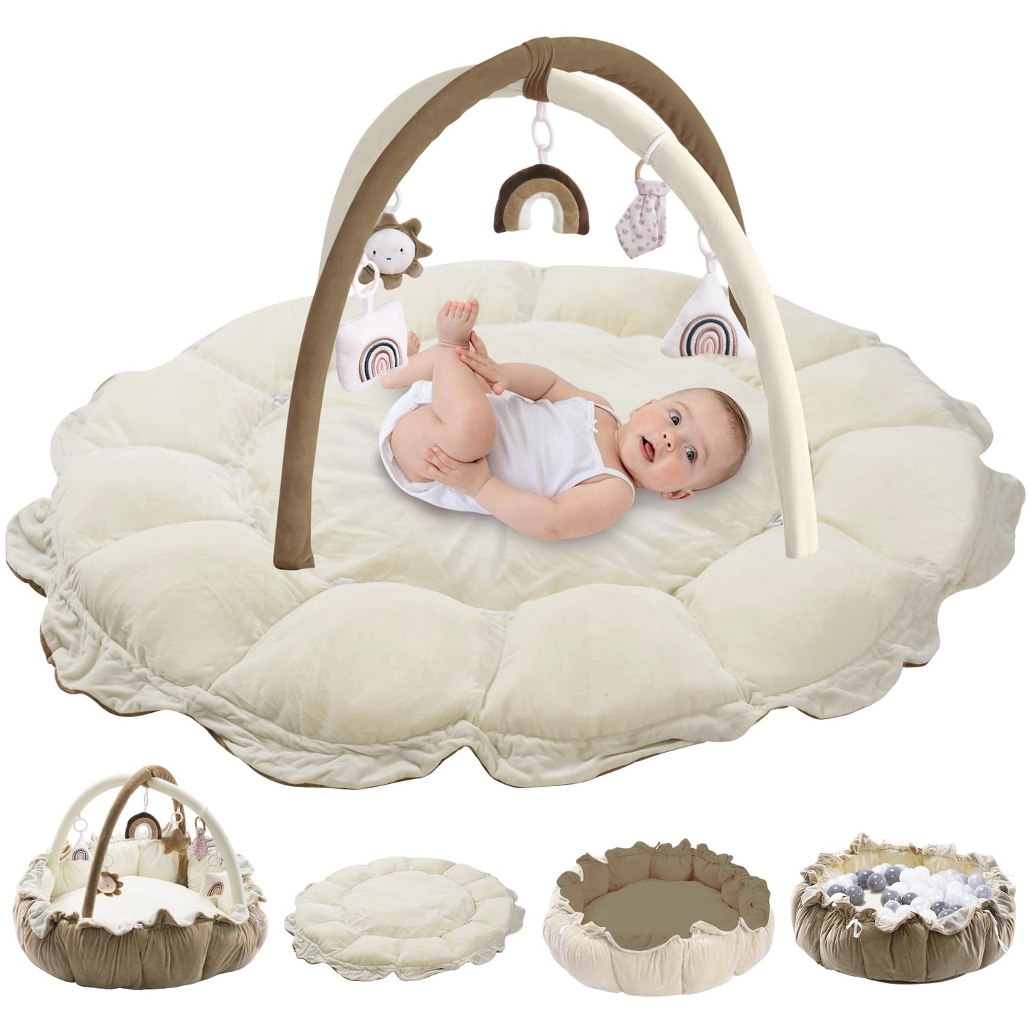 HAN-MM 5-in-1 Convertible Baby Play Gym with 6 Toys, Tummy Time Mat for Sensory Development, Baby Activity Center from Newborn to Toddler, Ball Pit, Cat & Dog Bed, Soft Plush Pet Bed, Pink