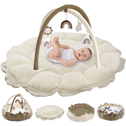 HAN-MM 5-in-1 Convertible Baby Play Gym with 6 Toys, Tummy Time Mat for Sensory Development, Baby Activity Center from Newborn to Toddler, Ball Pit, Cat & Dog Bed, Soft Plush Pet Bed, Pink