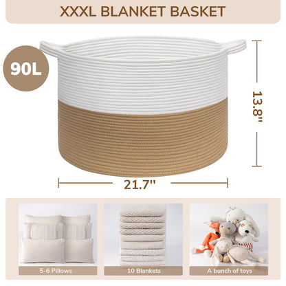 INDRESSME XXXLarge Cotton Rope Basket 21.7" x 21.7" x 13.8" Woven Baby Laundry Blanket Basket Toy Baskets with Handle Storage Comforter Cushions Thread Laundry Hamper