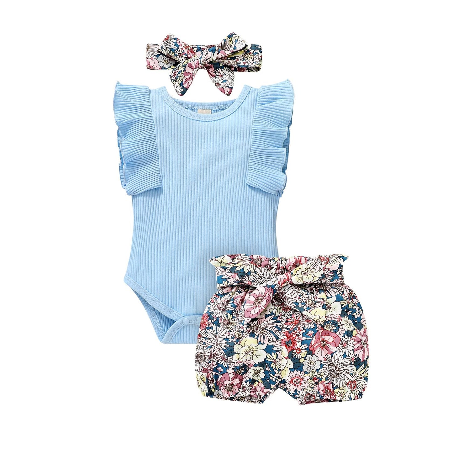Tiny Cutey Baby Girl Clothes Infant Summer Outfits Set Ruffle Sleeve Romper and Floral Shorts with Headband