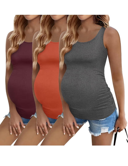 Ekouaer 3 Pack Women Maternity Tank Tops Ruch Side Basic Shirts Summer Postpartum Tops Sleeveless Pregnancy Workout Clothes