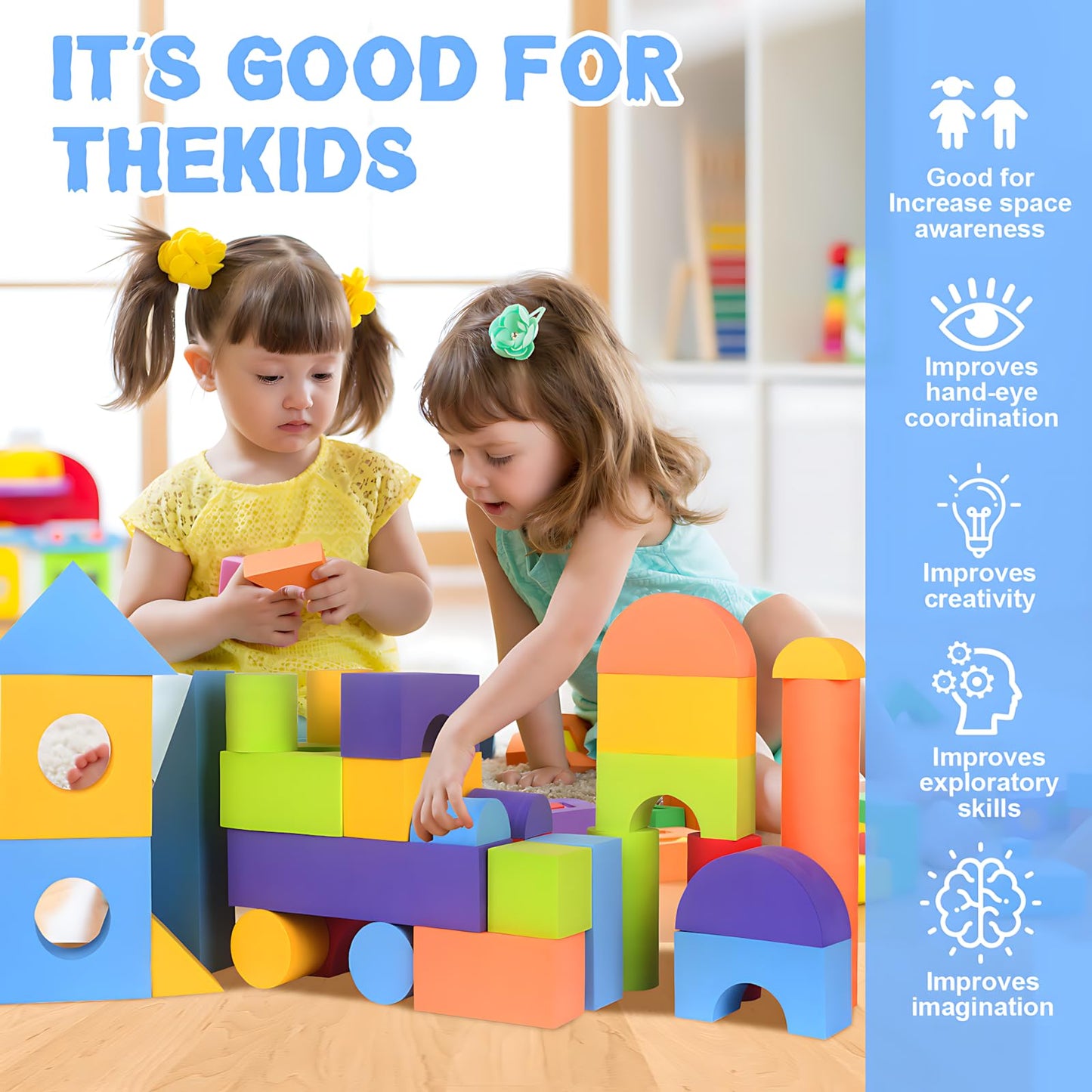 Migargle Large Foam Building Blocks for Toddlers, 36 Pieces Large EVA Soft Stacking Blocks, Baby Bath Foam Toy Set, Early Learning Construction Toys & Gifts for Kids, Boys & Girls