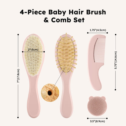 Yoofoss 4 Piece Baby Brush and Comb Set, Wooden Baby Brush with Natural Ultra Soft Goat Hair, Baby Hair Brush for Newborn, Baby Brush Set for Boy Girl