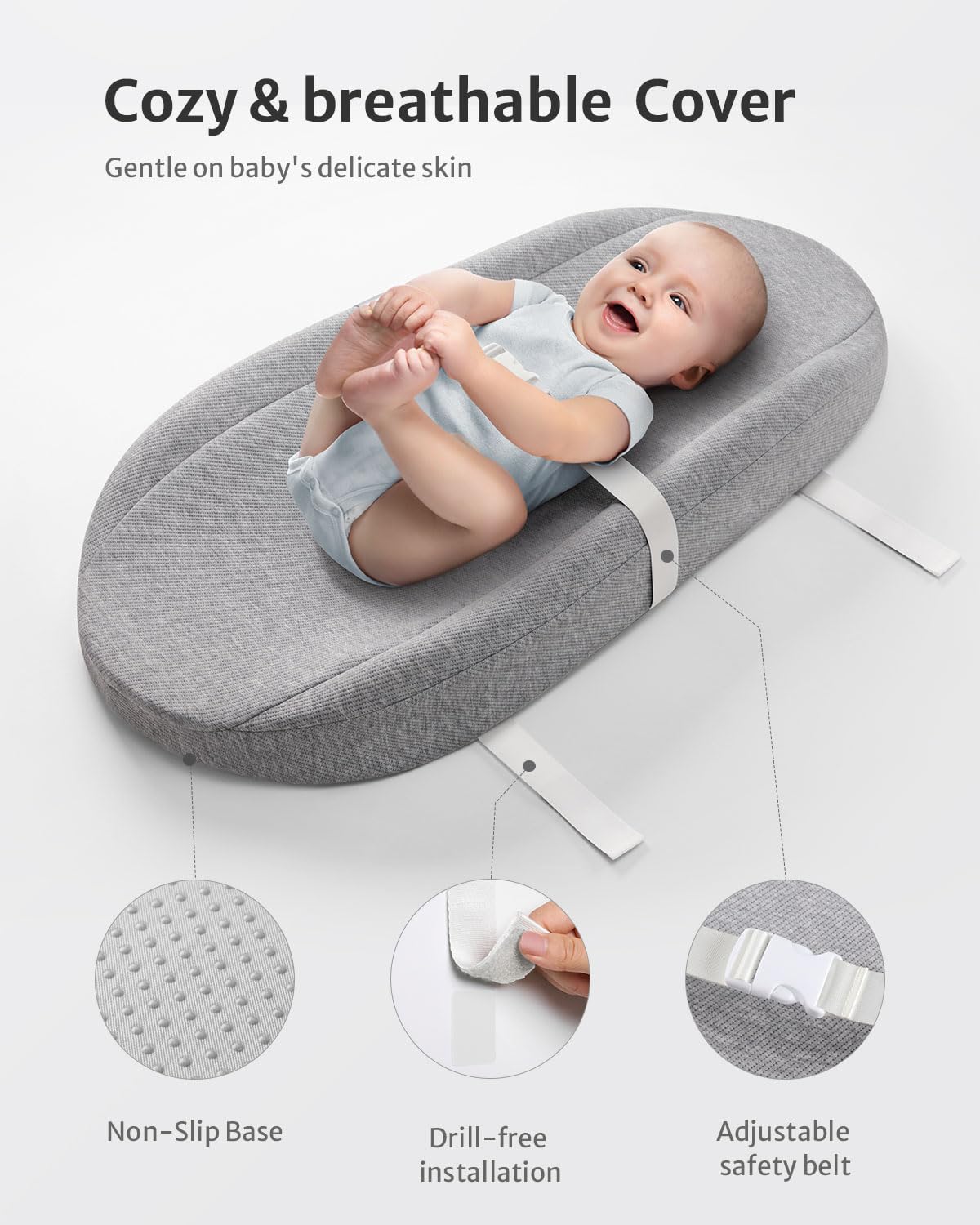 Blissful Diary Baby Changing Pad with Waterproof Lining Foam, Includes a Soft & Washable Cover, Contoured Changing Table Pads for Dresser Top with Non-Slip Bottom, 32”×16” (Grey, Avocado)