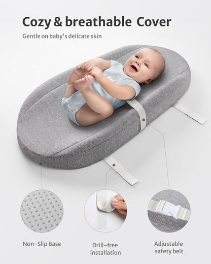 Blissful Diary Baby Changing Pad with Waterproof Lining Foam, Includes a Soft & Washable Cover, Contoured Changing Table Pads for Dresser Top with Non-Slip Bottom, 32”×16” (Grey, Avocado)