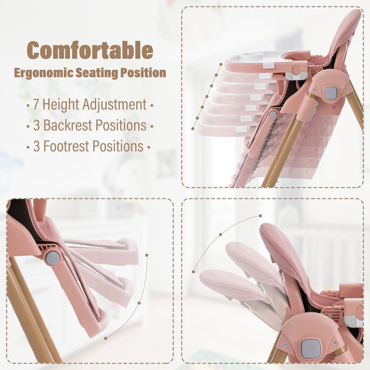 Portable High Chairs for Babies and Toddlers, 3-in-1 Foldable High Chair, Adjustable Height & Recline Baby Feeding Chair with Removable Tray, Adjustable Backrest, Pedal & Lockable Wheels Pink