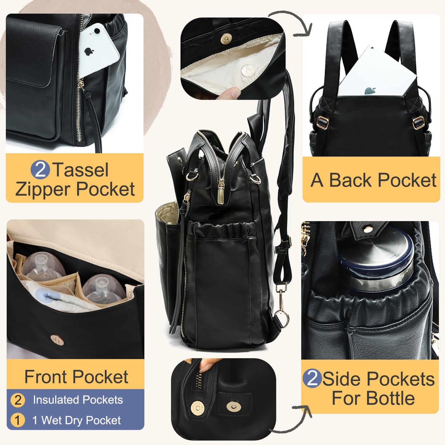 miss fong Diaper Bag Backpack Baby Diaper Bag for Girls and Boys, Leather Purse with 13 Pockets Diaper Bag Organizer,Changing Pad,Stroller Straps,4 Insulated Pockets