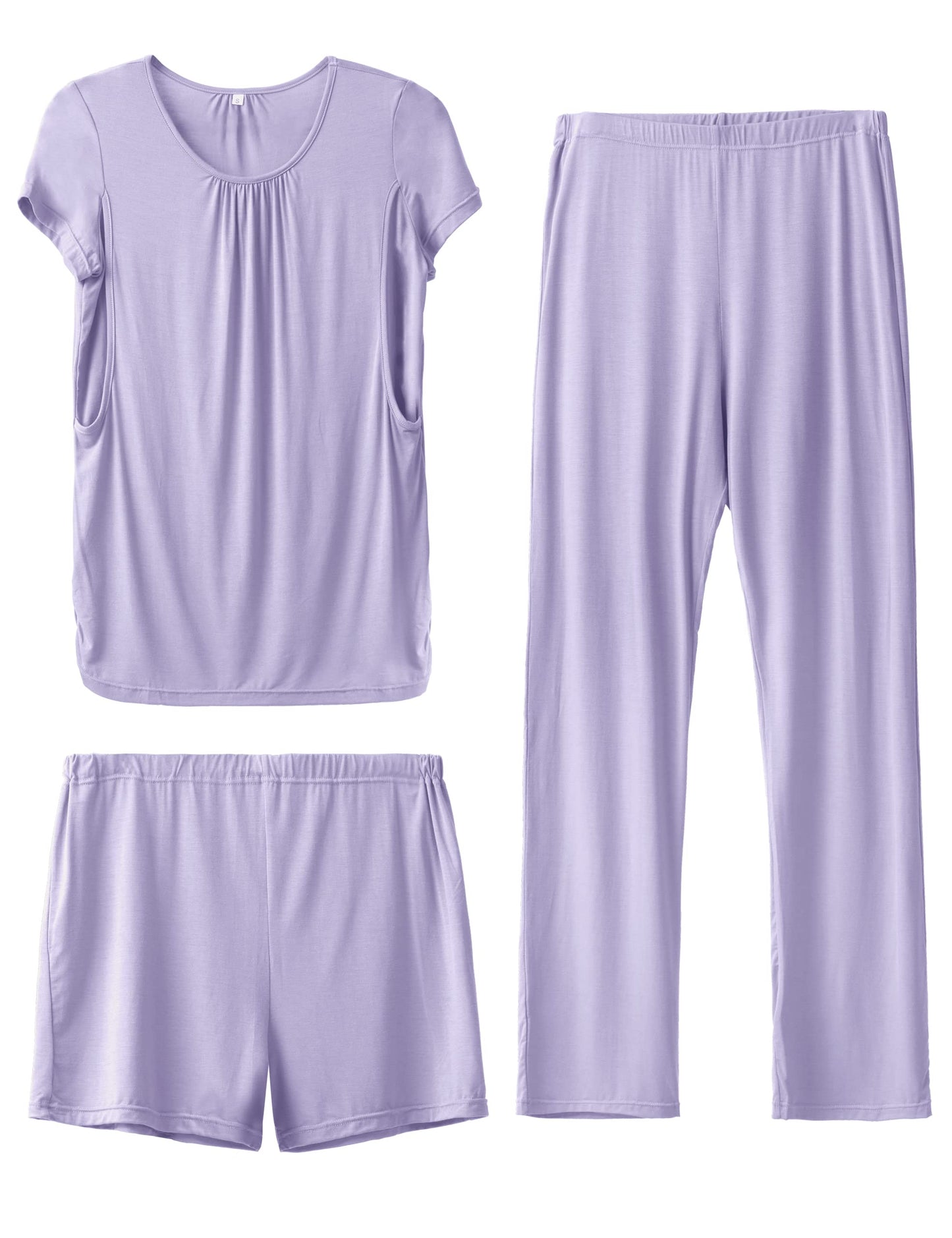 SUNNYBUY Womens Maternity Nursing Pajamas Set, Short Sleeve Breastfeeding Shirts，Pregnancy Shorts & Pants 3 Piece Nursing PJS