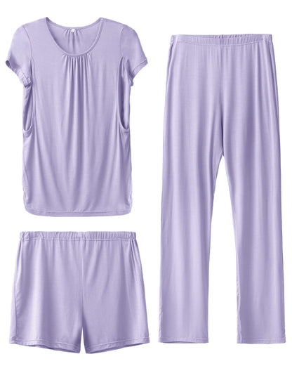 SUNNYBUY Womens Maternity Nursing Pajamas Set, Short Sleeve Breastfeeding Shirts，Pregnancy Shorts & Pants 3 Piece Nursing PJS