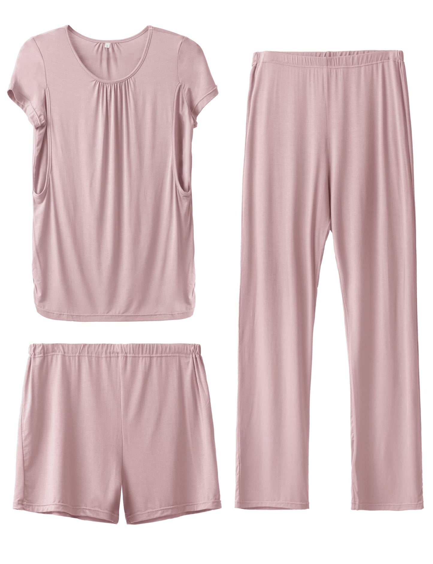 SUNNYBUY Womens Maternity Nursing Pajamas Set, Short Sleeve Breastfeeding Shirts，Pregnancy Shorts & Pants 3 Piece Nursing PJS