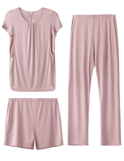 SUNNYBUY Womens Maternity Nursing Pajamas Set, Short Sleeve Breastfeeding Shirts，Pregnancy Shorts & Pants 3 Piece Nursing PJS