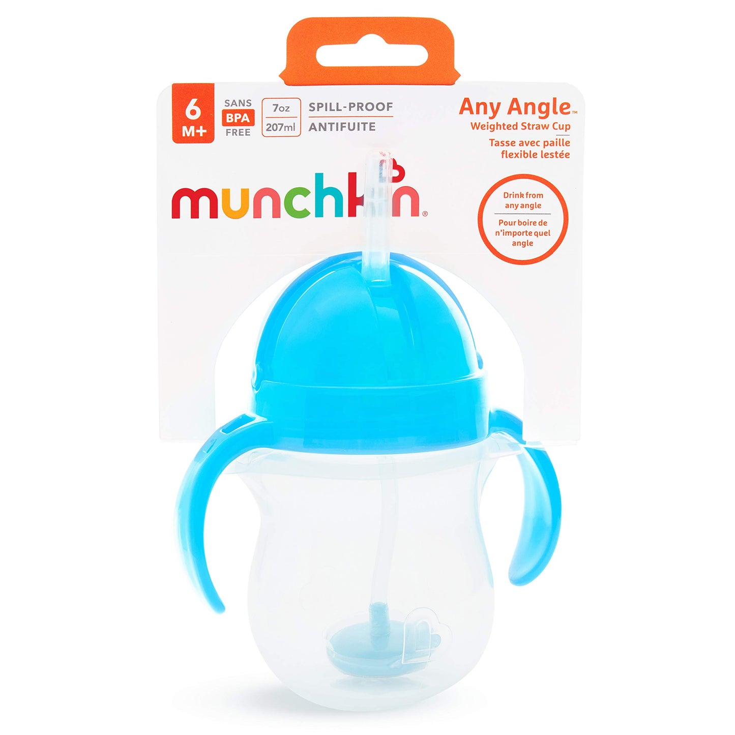 Munchkin Any Angle Sippy Cups for Toddlers, Spill Proof Weighted Straw Cup with Transition Handles for Babies 6 Months and Up, 2 Pack, Blue/Green