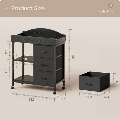 Changing Table Dresser, Baby Dresser with 3 Drawers and 2 Shelves, Multi-Functional Baby Changing Table with Pad, Classic Nursery Dresser, Diaper Changing Station for Children's Room, Black
