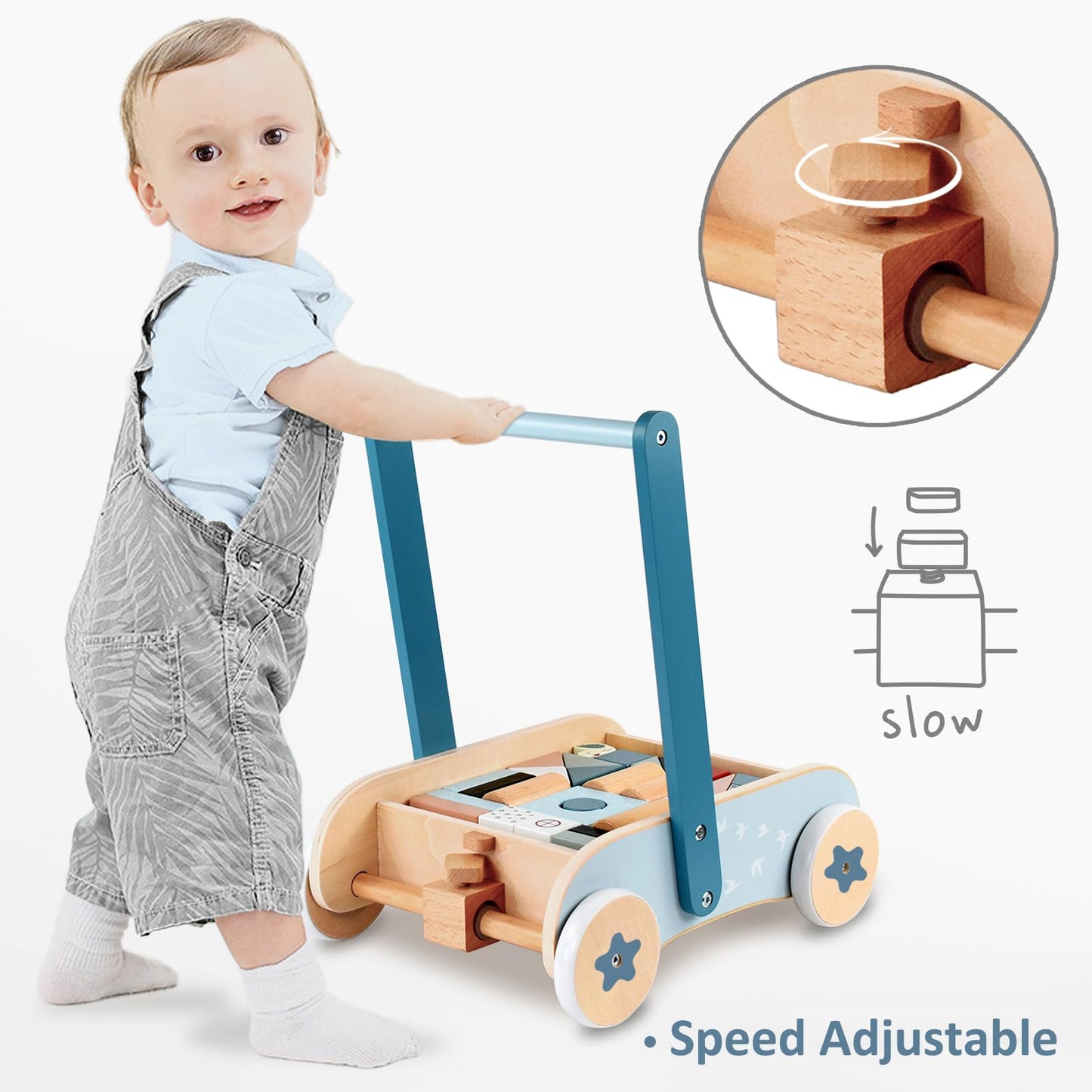 PairPear Wooden Baby Walker, Baby Push Walker, Montessori Walker Toy with Activity Center for Girls Boys, Adjustable Speed Baby Walker for Kids Development
