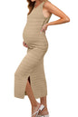 OUGES Women's 2025 Summer Maternity Dress Knit Sleeveless Crewneck Midi Dress Side Slit Striped Bodycon Sweater Dress