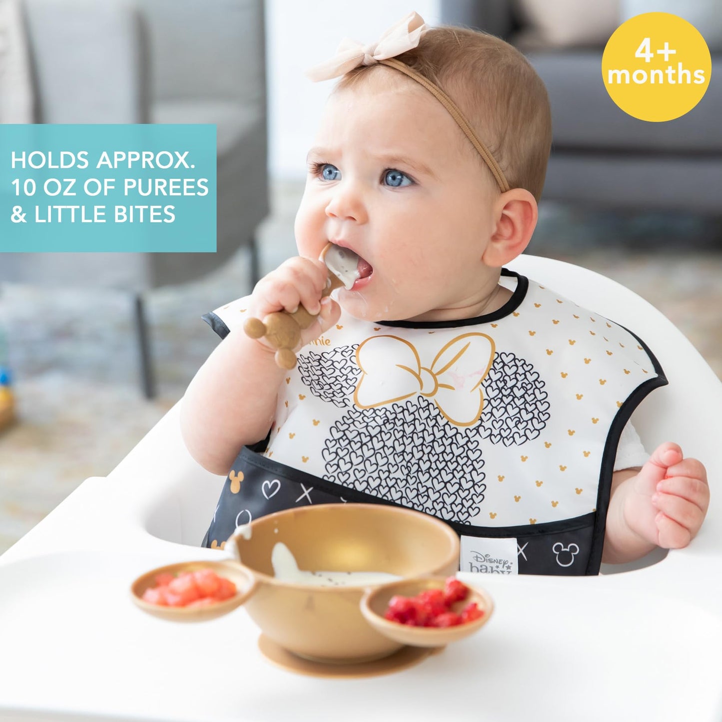 Bumkins Baby Bowls, Disney Minnie Mouse Silicone Baby Feeding Set, Suction Bowls for Baby and Toddler with Spoon, First Feeding Set, Platinum Silicone Bowl for Babies 4 Months