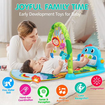 UMIKU Baby Play Mat Baby Tummy Time Mat Activity Center for Newborn Infant Piano Play Gym Mat Music & Light Babies Gifts Boy Girl for Babies 0-6 6-12 Months, Pink Dinosaur