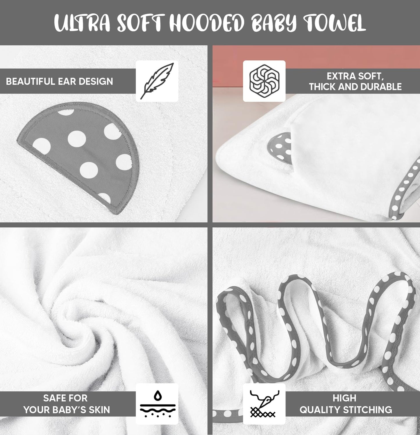 Set of 2 Hooded Baby Towels – White and Grey – Luxurious, Large and Super Absorbent – 30 x 30 Inch – Soft and Suitable for Infants, Toddlers and Kids – 400 GSM