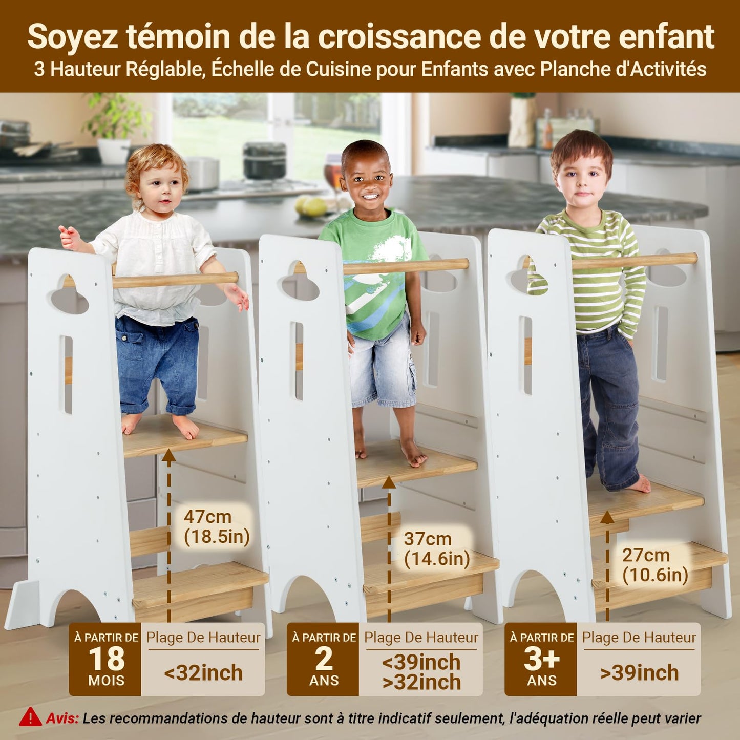 COSYLAND Toddler Standing Tower Adjustable Height - Super Stable Kids Kitchen Stool Helper - 3 Levels Adjustable Wooden Toddler Kitchen Stool (Natural & Navy Blue)