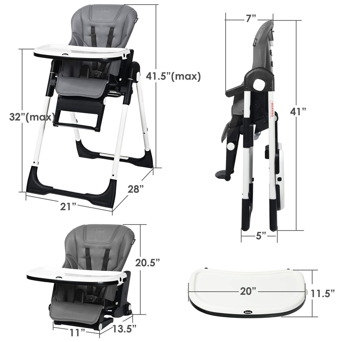INFANS High Chair for Babies & Toddlers, Foldable Highchair with Multiple Adjustable Backrest, Footrest and Seat Height, Removable Tray, Detachable PU Leather Cushion, Built-in Rear Wheels (Black)