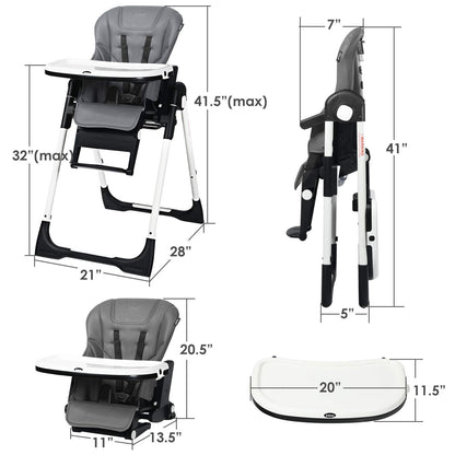 INFANS High Chair for Babies & Toddlers, Foldable Highchair with Multiple Adjustable Backrest, Footrest and Seat Height, Removable Tray, Detachable PU Leather Cushion, Built-in Rear Wheels (Black)