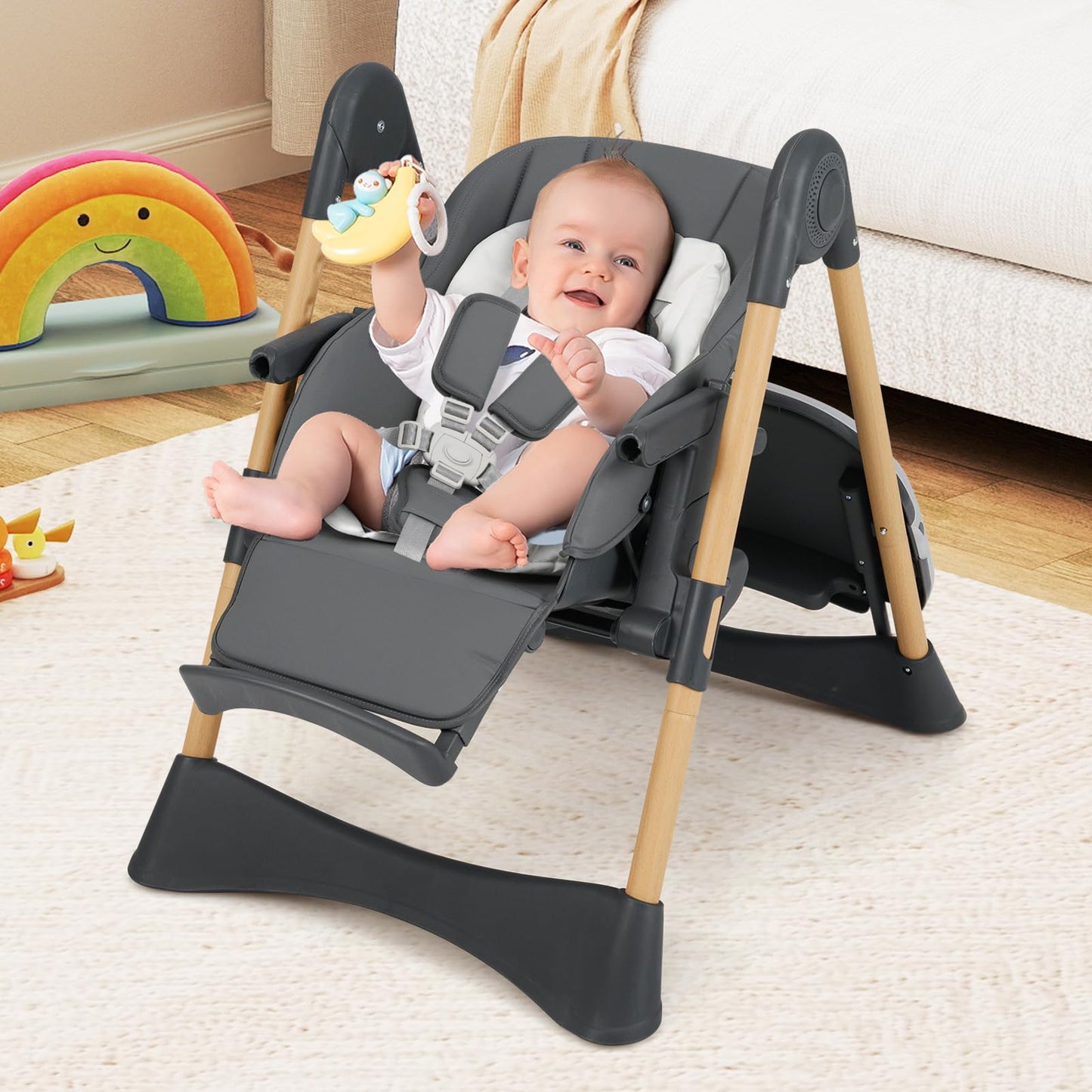 INFANS Baby High Chair, High Chairs for Babies & Toddlers with Adjustable Height Backrest Footrest Removable Tray, Easy to Clean PU Seat Convertible Quick Folding Portable Highchair (Dark Gray)