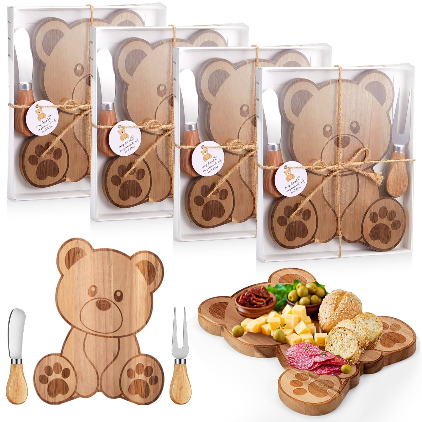 1 Set Baby Shower Party Favors Bear Shaped Cheese Board Set, Include Small Wood Cutting Charcuterie Boards with Knives and Forks Gift Box for Wedding Bridal Shower Birthday (Acacia Color)