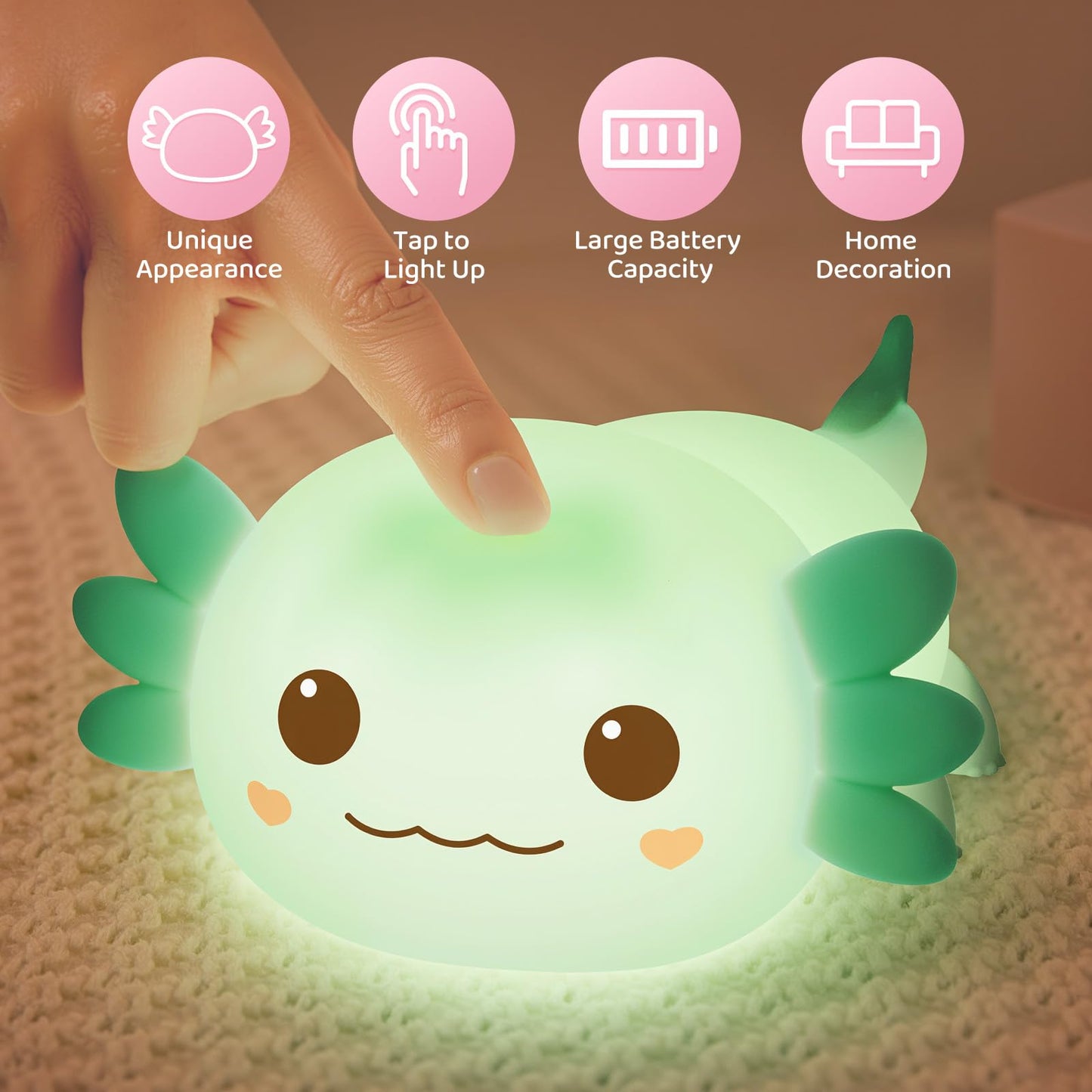 Huggwaii Squishy Axolotl Night Light for Kids – Dimmable Silicone Axolotl Lamp, 2025 Upgraded Baby Night Light, Rechargeable, 20H Battery Life, Sleep Aid Gift for Toddlers, Girls&Room Decor