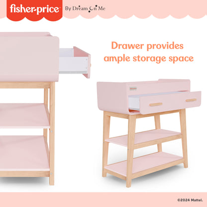 Fisher-Price Iris/Siesta Changing Table by Dream On Me, Blush Pink, JPMA & Greenguard Gold Certified, with a Bottom Closed Drawer and Two Open Shelves for Storage