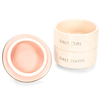 DEMDACO First Tooth and Curl Pink Ceramic Stoneware Children's Stackable Keepsake Box, 1 Count (Pack of 1)