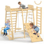 Upgraded Indoor Playground 9-in-1 Jungle Gym Kids Climbing Toys, Montessori Philosophy Waldorf Style Wooden Climber Playset with Slide, Swing, Monkey Bars, Upright/Rope Ladder, Climb Net, Rainbow