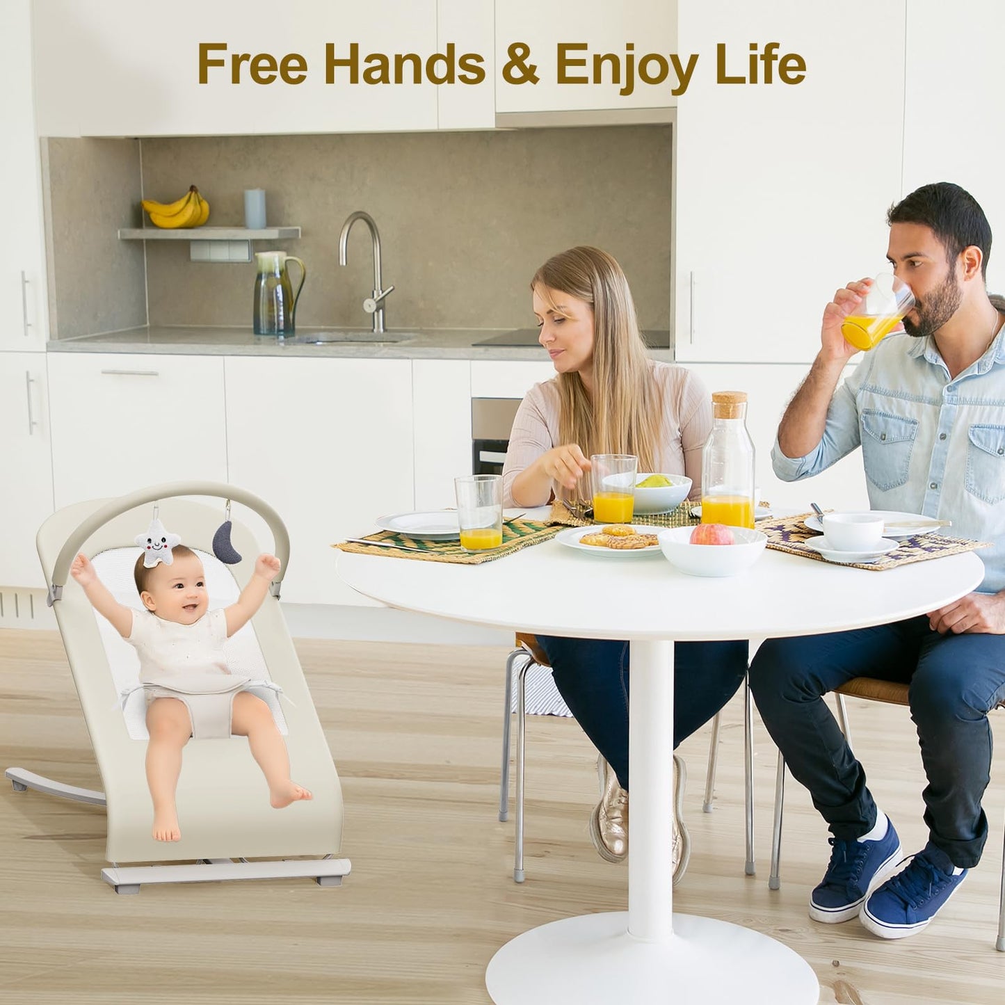 3-in-1 Portable Baby Bouncer & Rocker Chair for Newborn to Toddler - 4 Adjustable Recline Positions, Breathable Cotton Fabric, Natural Vibration, Supports Up to 33 lbs (Oatmeal Khaki)
