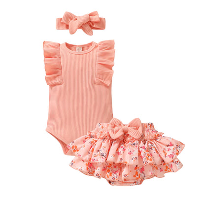 Tiny Cutey Baby Girl Clothes Infant Summer Outfits Set Ruffle Sleeve Romper and Floral Shorts with Headband