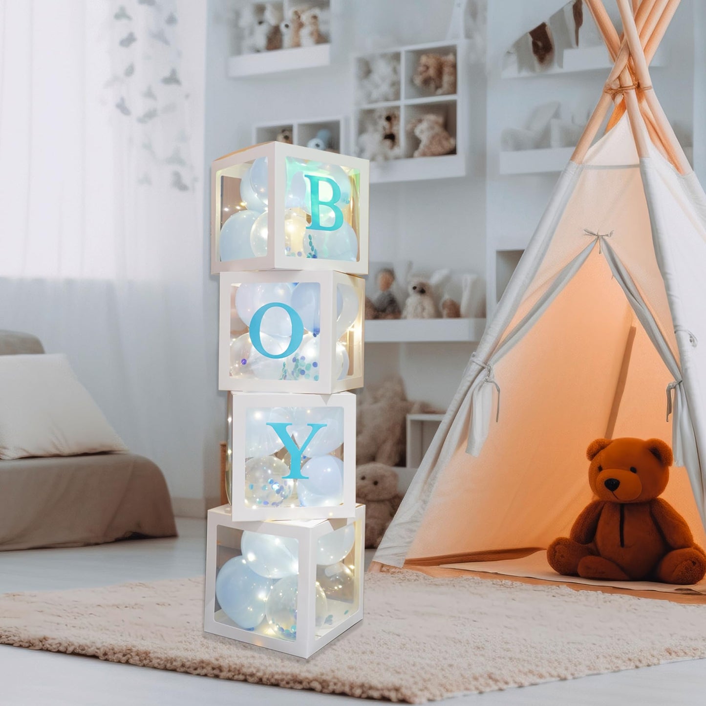 Uptotop Baby Shower Balloon Box Decorations, 4 Pcs Baby Blocks Transparent Balloon Boxes with Letters, Fairy String Lights and 36 Pcs Latex Balloons for Decor, Pink