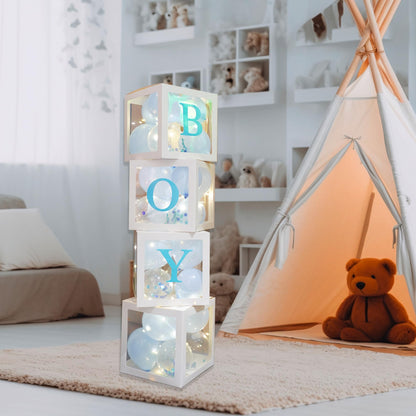 Uptotop Baby Shower Balloon Box Decorations, 4 Pcs Baby Blocks Transparent Balloon Boxes with Letters, Fairy String Lights and 36 Pcs Latex Balloons for Decor, Pink