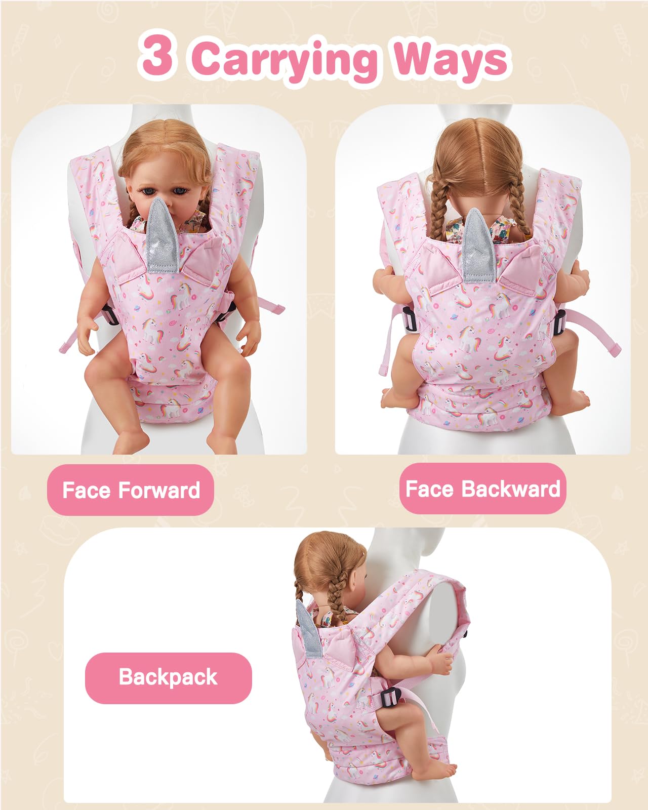 Lictin Baby Doll Carrier, Front and Back Doll Accessories Carrier for Little Girls, with Adjustable Straps for Stuffed Animal Reborn Baby Doll