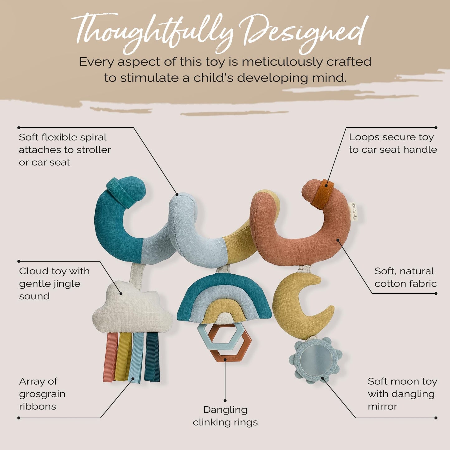 Itzy Ritzy Spiral Car Seat & Stroller Activity Toy - Stroller & Car Seat Toys for Ages 0 Months and Up - Hanging Toys Include Dangling Ring, Mirror and Textured Ribbons (Pastel Rainbow)