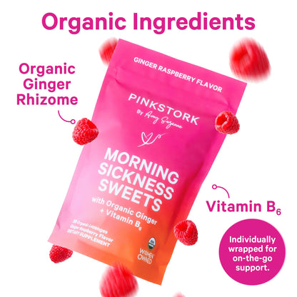 Pink Stork Morning Sickness Sweets, Organic Raspberry Ginger Candy with Vitamin B6, Support for Motion Sickness, Prenatal Heartburn - Pregnancy Must Haves - 30 Wrapped Drops