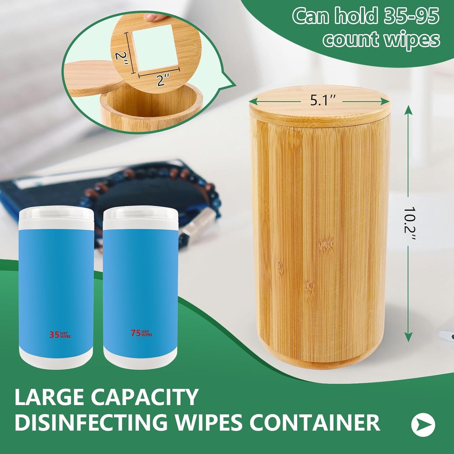 Bamboo Wipes Dispenser Container, Disinfecting Wipes Container Holder Fit for Disinfecting Wipes, Flushable Wipes Dispenser for Bathroom Kitchen Home