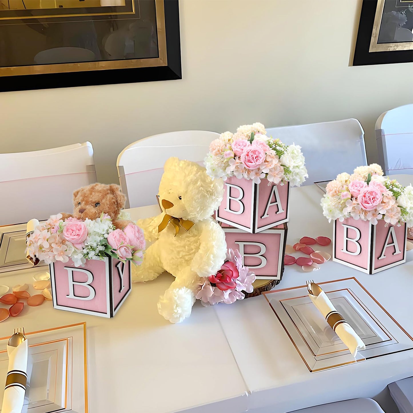 4 Set Baby Shower Centerpieces for Tables - 6 inch Wooden Boxes with Baby Letters Rustic Cube Planter Wood Blocks for Boy Girl Gender Reveal Party Favor (Blue)