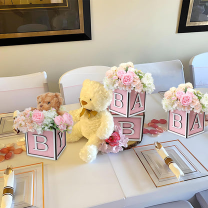 4 Set Baby Shower Centerpieces for Tables - 6 inch Wooden Boxes with Baby Letters Rustic Cube Planter Wood Blocks for Boy Girl Gender Reveal Party Favor (Blue)