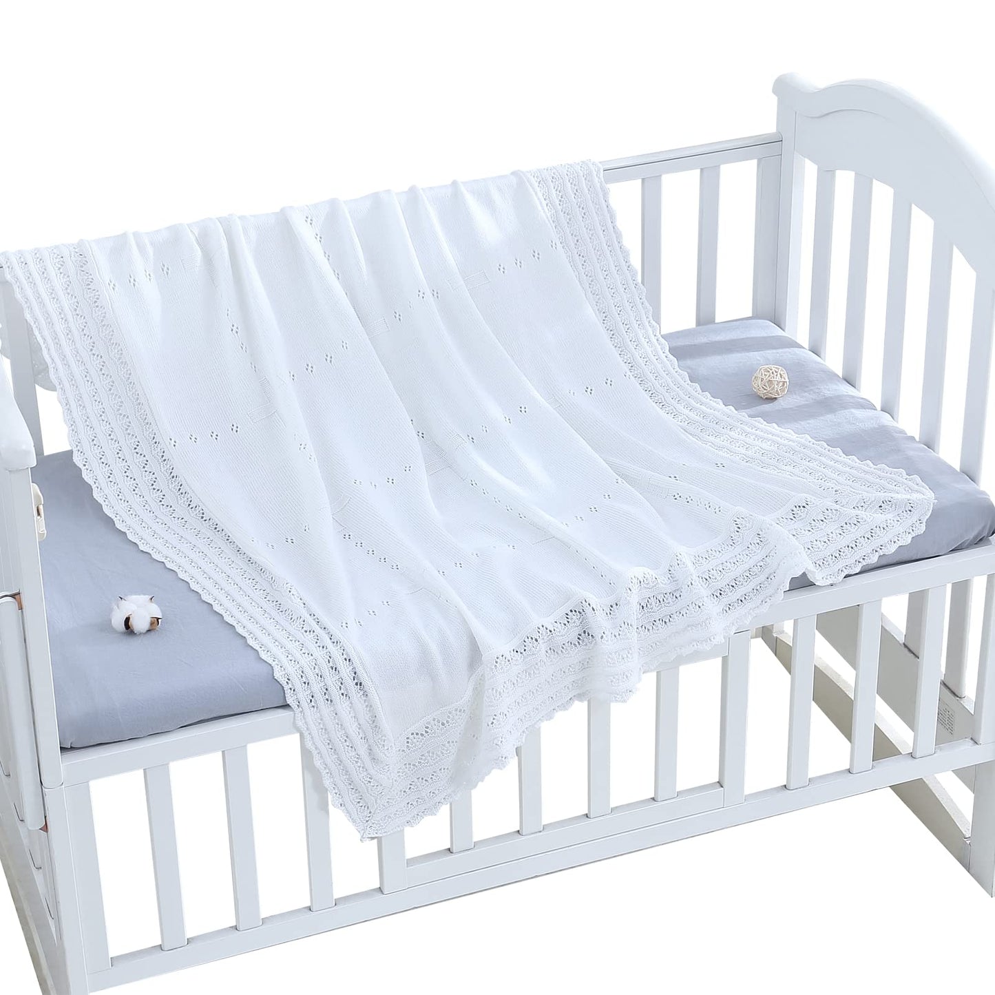 Booulfi Knit White Baby Blankets Neutral,Crib Stroller Newborn Blankets for Boys Girls,Cotton Lace Crochet Winter Blanket Nursery Blanket New Baby Essentials, 38X39