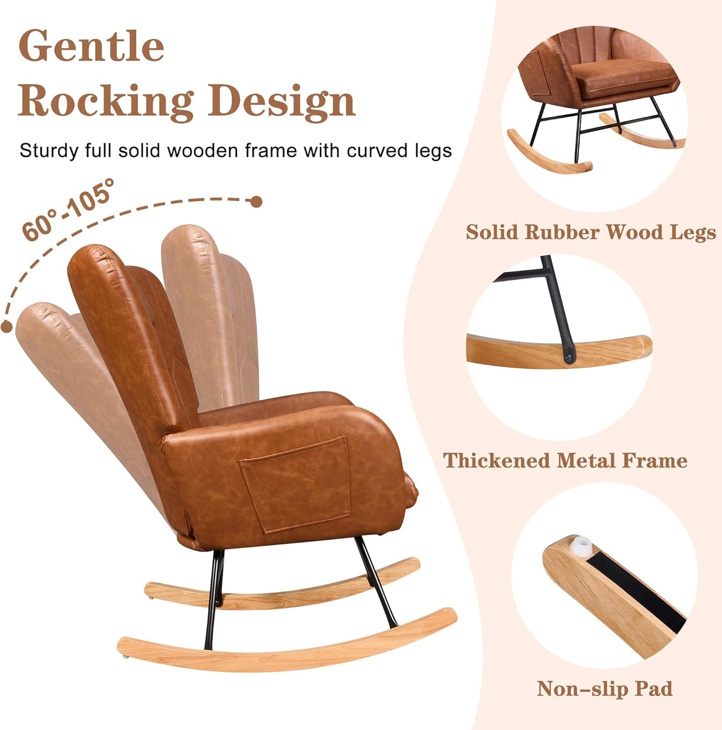 VECELO Rocking Chair Nursery with Thick Headrest, Modern PU Upholstered Reading Glider Rocker Accent Armchair with High Backrest, Padded Seat, Side Pocket, for LivingRoom, Bedroom, Baby Room, Brown