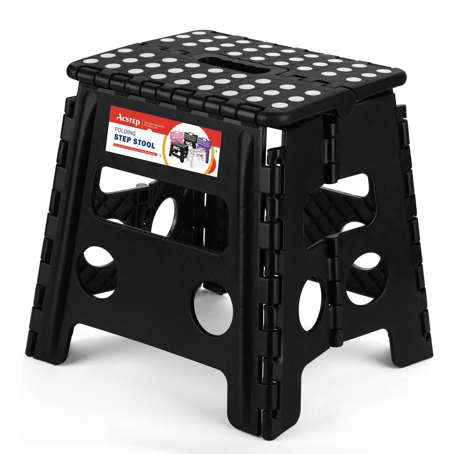 ACSTEP Folding Step Stool 9'' Tall Kids Step Stool Holds Up to 300 lb Plastic Foldable Step Stools for Kids Non-Slip Surface with Carry Handle Collapsible Stool for Home, Outdoor and Indoor(Black)