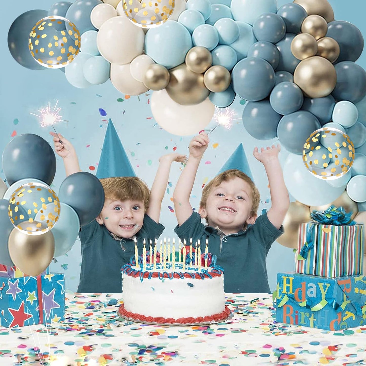 Dusty Blue Balloon Arch Kit, Dusty Baby Blue Balloons Arch Kit With Metallic Gold Sand White Gold Confetti Balloons for Wedding Bridal Shower Boy Birthday Party Baby Shower Decorations