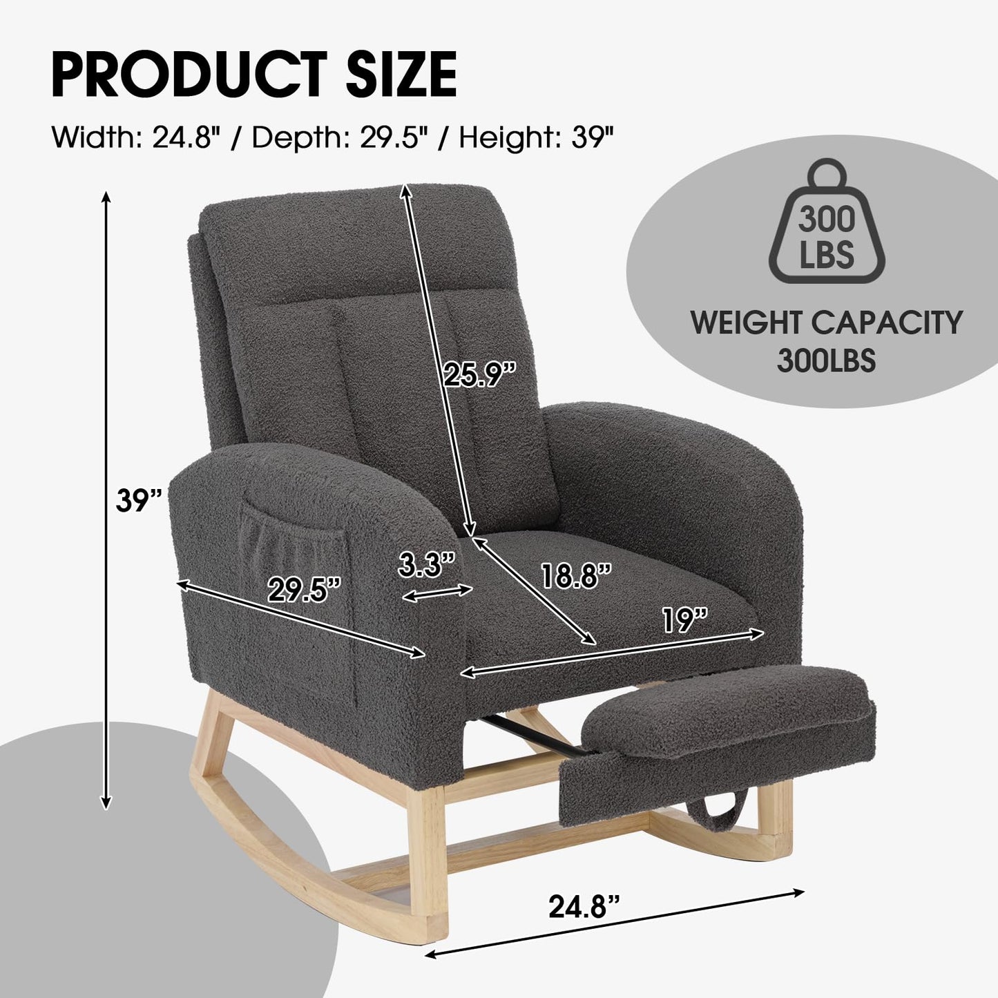 NIOIIKIT Modern Nursery Rocking Chair, Teddy Upholstered Rocking Chair with Footrest, Comfortable Glider Rocker with Side Pocket for Living Room, Bedroom, Nursing Room (Beige)